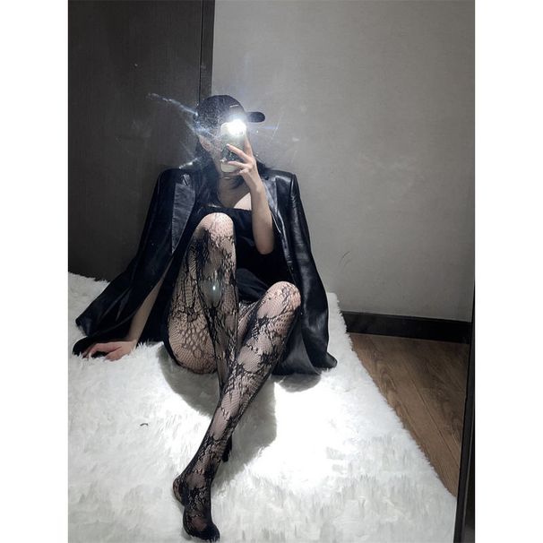 Spitzenstrumpfhose mit Hohlsaum, schöne Blumenranken-Netzstrümpfe, schwarze Strümpfe, elastisch, dünn, JK Pure Desire, lange Beine_voghion.com