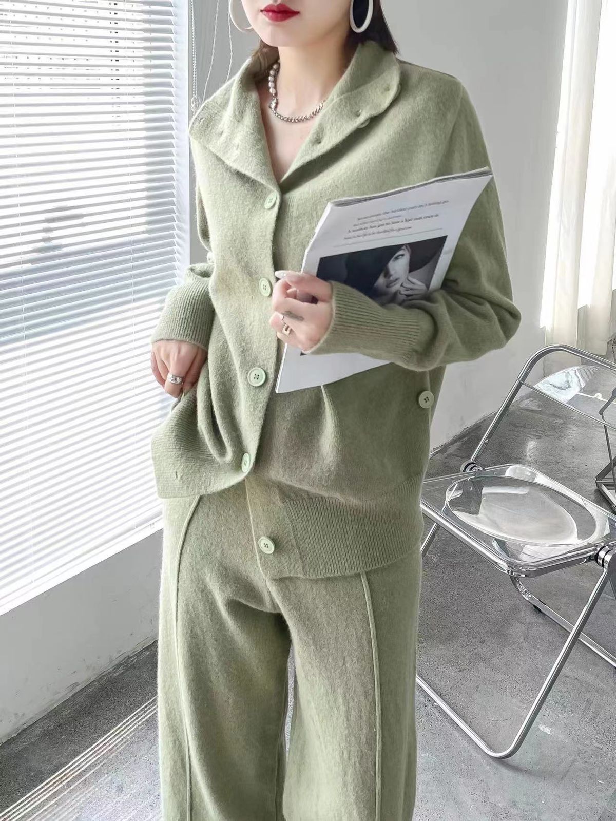 Women's knit suit lazy cardigan sweater wide leg pants two-piece set_voghion.com
