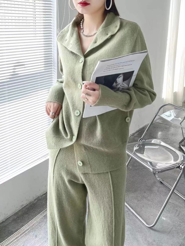 Women's knit suit lazy cardigan sweater wide leg pants two-piece set_voghion.com
