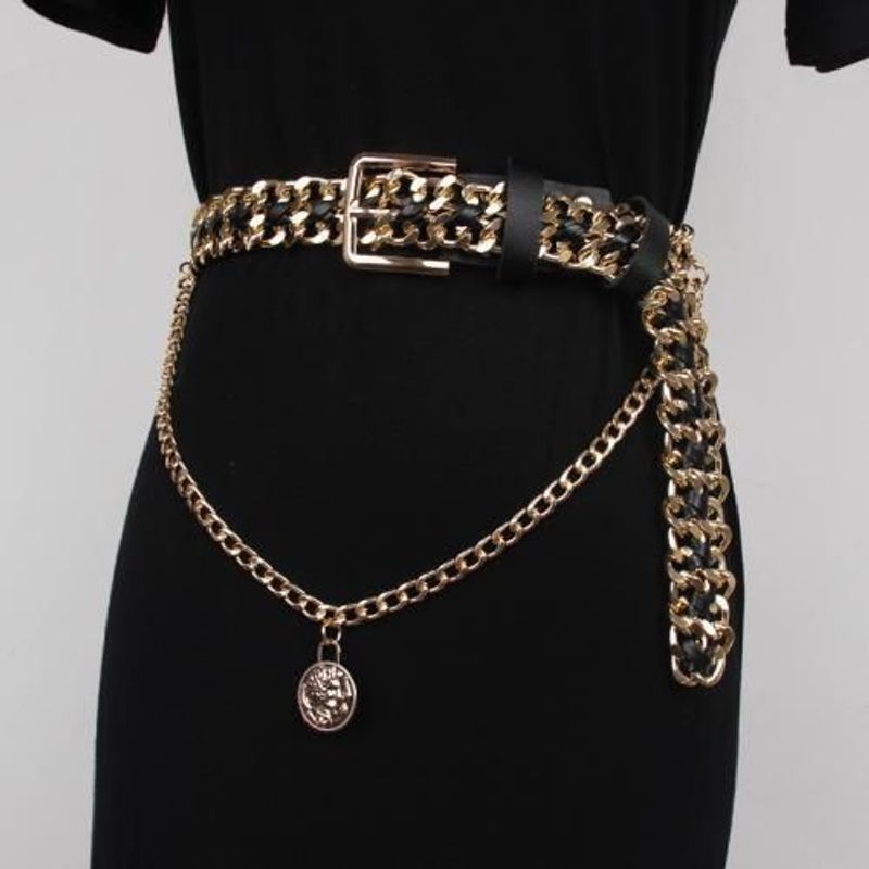 New personality Europe and the United States cool gold chain with black leather belt rope dress belt_voghion.com