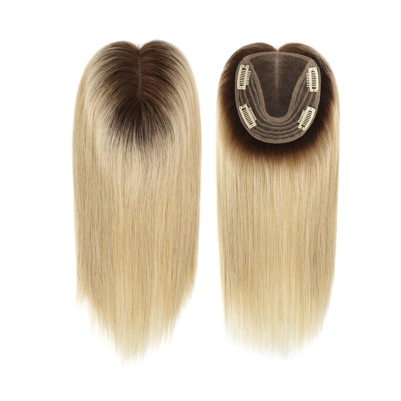 Durable Lace Center 100% Human Hair Topper For Women, Hair Top Pieces 4 Clips In Topper Ombre Color #613BC Hair Length 12 Inches_voghion.com