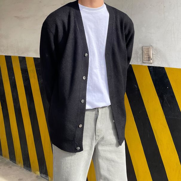 Men's Solid V-Neck Knit Cardigan - Lightweight Open Front Sweater For Autumn, Casual Loose Fit, Versatile Styling_voghion.com