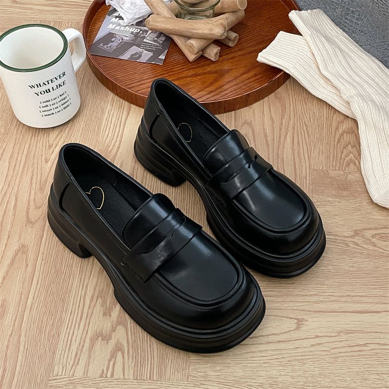 Round Toe Thick Sole Single For Women, Style Small Leather Versatile British Loafers,_voghion.com