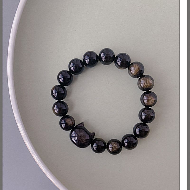 【Hidden·My Friend】Bracciale in ossidiana nera con testa di gatto in argento naturale per le migliori amiche delle donne, personalità dolce e fresca_voghion.com