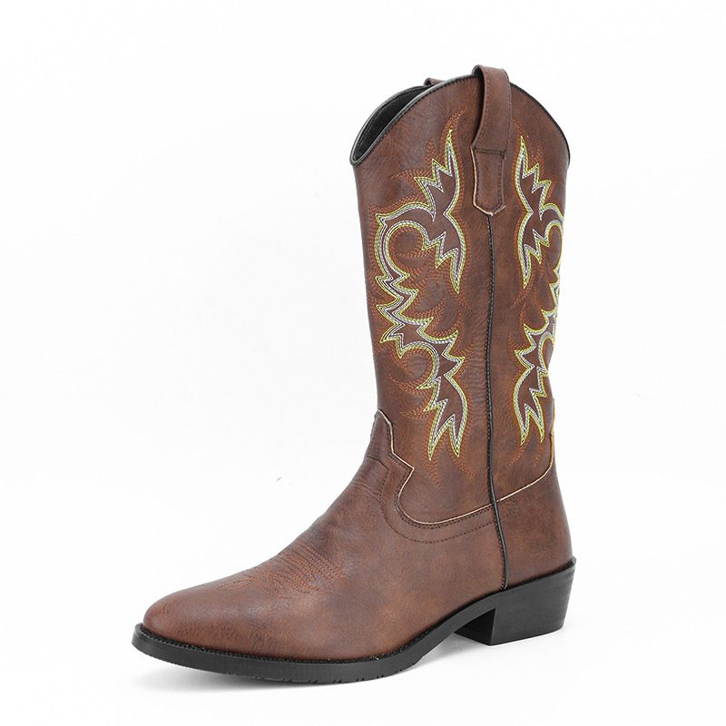 Herrebroderte vintage lårhøye flerfargede spisse western cowboystøvler_voghion.com