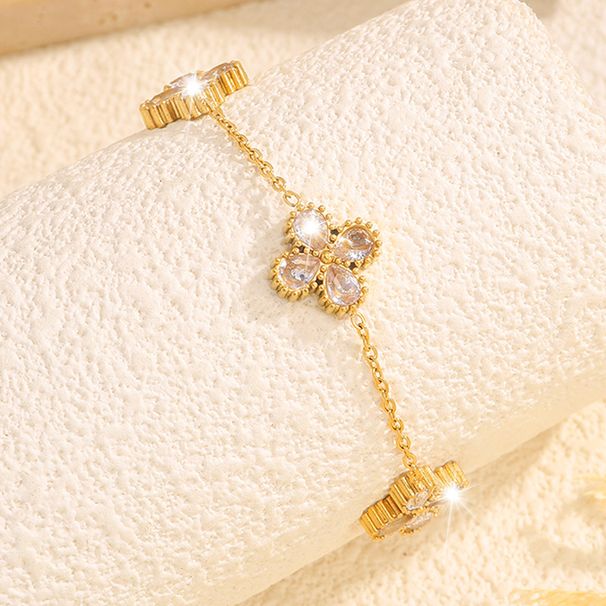 Modisches Armband mit eingelegtem Wassertropfen-Diamant und vierblättrigem Kleeblatt für Frauen, leichtes Luxus-Nischenarmband aus Titanstahl,_voghion.com