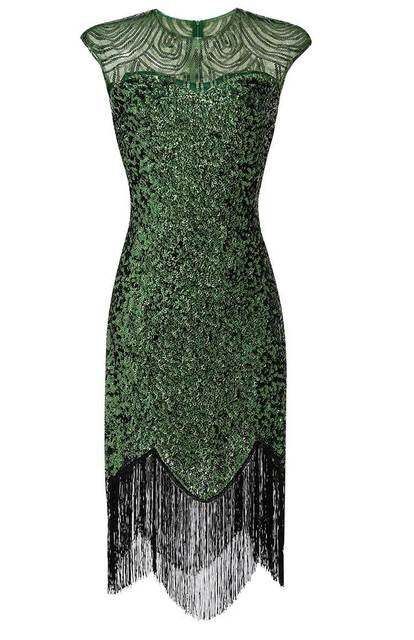 Damen Bankett Abendkleid 1920 Pailletten Fransenkleid Rundhals Gatsby Set_voghion.com