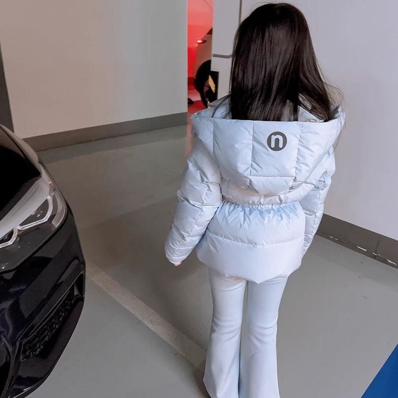 Girls' Down Jacket Winter Western Style Medium Long Thick Cotton Korean Edition 2024 New Waist Glacier Blue Coat_voghion.com