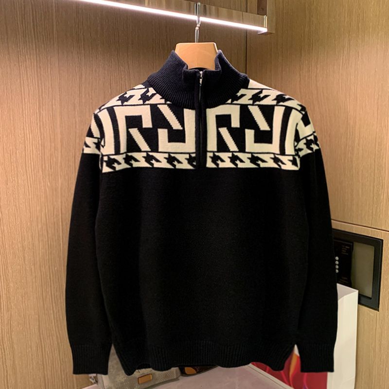 Vintage Casual Personality Jacquard Half Turtleneck Sweater Herren Winter Verdickter Half Zip Knit Warm Top_voghion.com
