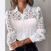 Elegantes Button-Up-Hemd mit Spitzenbesatz – Halbtransparente Langarmbluse (Weiß, 1XL-4XL, Freizeit- und Bürokleidung)_voghion.com
