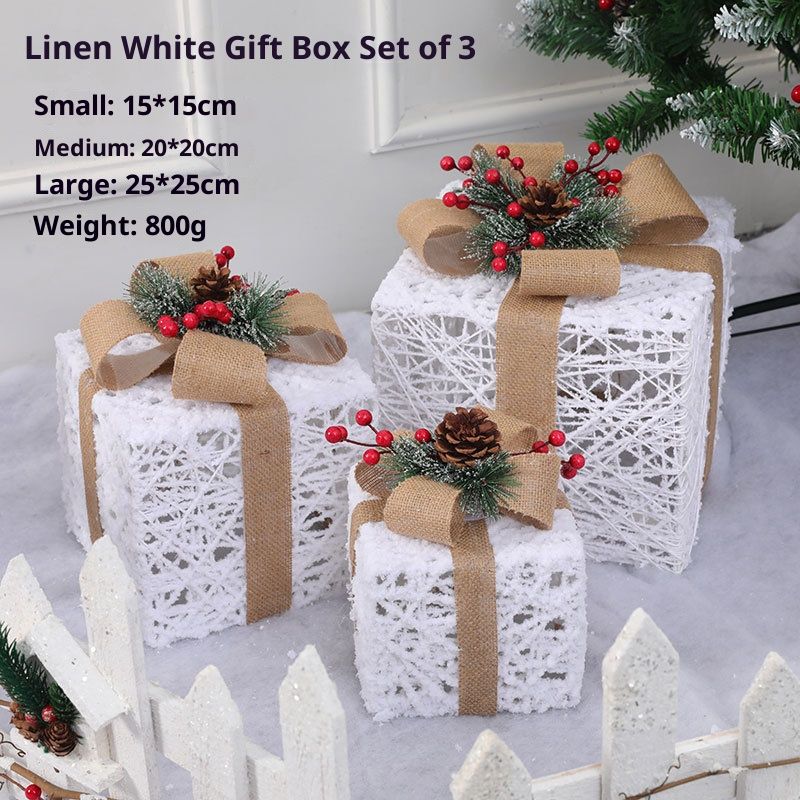 Elegante set di decorazioni natalizie bianche - Scatola regalo illuminata da 3 pezzi con decorazioni per l'albero, per decorare la casa e le vetrine a festa._voghion.com