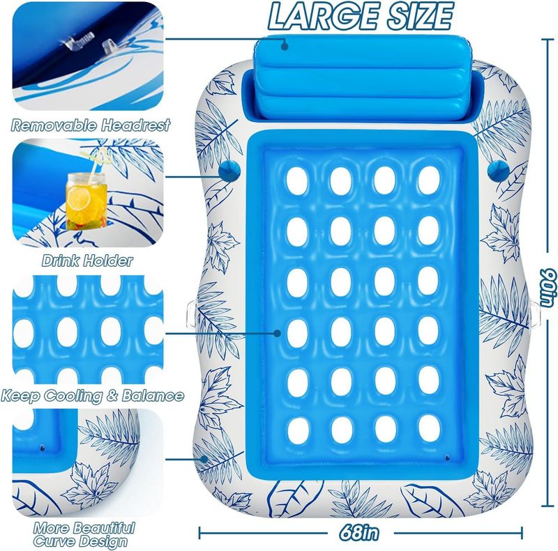 Boia de natação inflável dupla flutuante para adultos, luminosa, com LED, solar, piscina de bronzeamento artificial, buraco de folha de bordo azul, cama flutuante_voghion.com