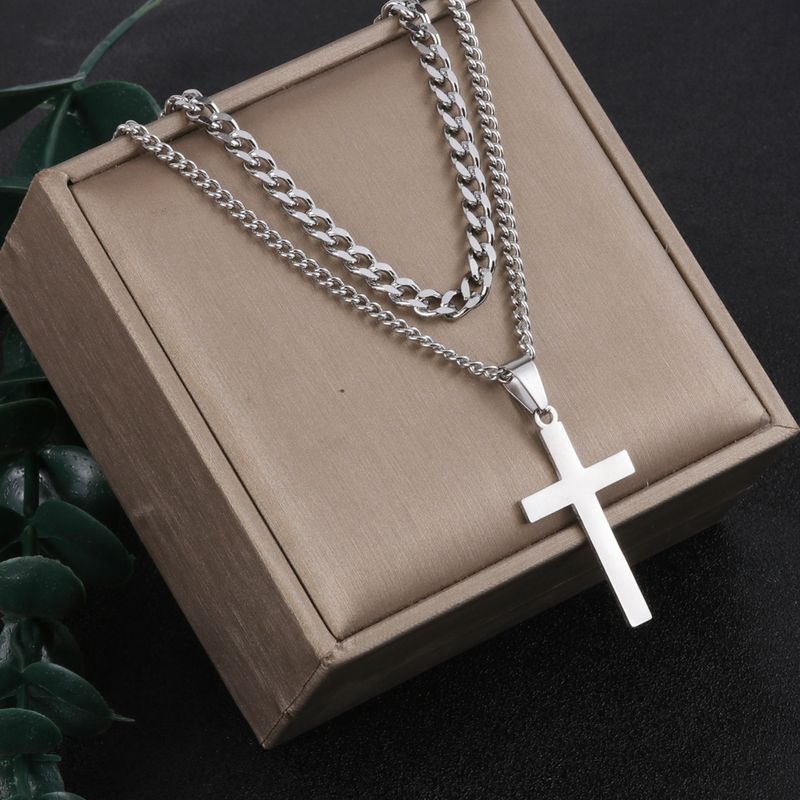 Hip Hop Stainless Steel Men's Twist Double Layer Cuban Chain Cross Non-Fading Necklace For Men_voghion.com