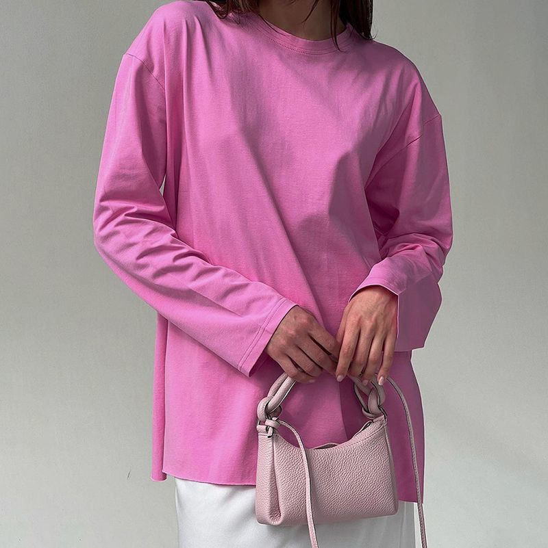 T-shirt da donna in maglia di cotone rosa a maniche lunghe_voghion.com