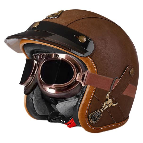 Certyfikowany kask motocyklowy 3C Retro 3/4 z Bluetooth – Prawdziwy skórzany kask z PU do skuterów i cruiserów – Styl vintage dla mężczyzn i kobiet_voghion.com