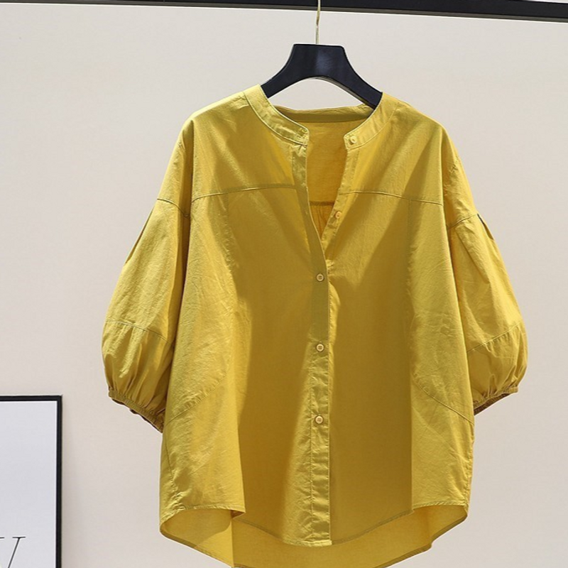 Vêtements pour femmes, hauts d'été, chemise bleu clair à col montant et manches lanternes, petite chemise décontractée et fraîche pour femmes_voghion.com
