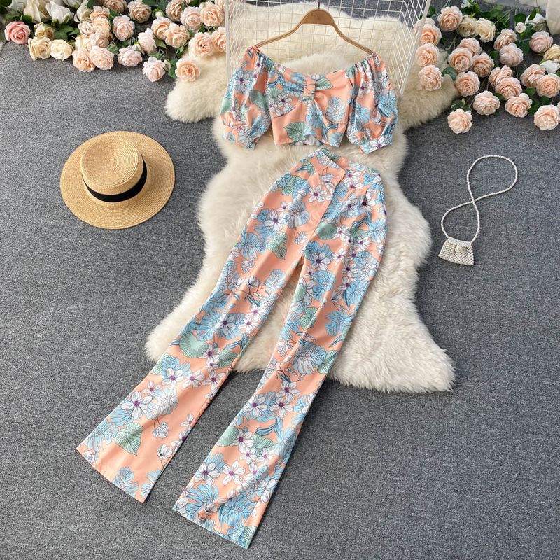 Women's off-shoulder puff sleeve short top, design print, high waist wide leg pants, two-piece suit_voghion.com
