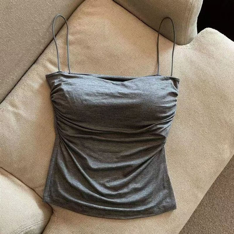 Niche thaïlandaise Pure Desire - Petit caraco plissé pour femme en été avec fines bretelles et coussinets de poitrine pour l'intérieur et l'extérieur_voghion.com