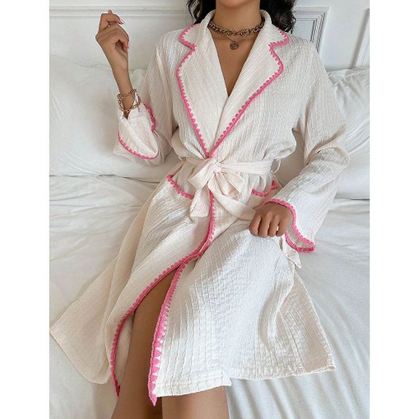 Underwear & Sleepwears Elegant Tie-Waist Robe For Women - Long Sleeve Mid-Length Sleepwear With Contrast Collar, Comfortable Loungewear For Home_voghion.com