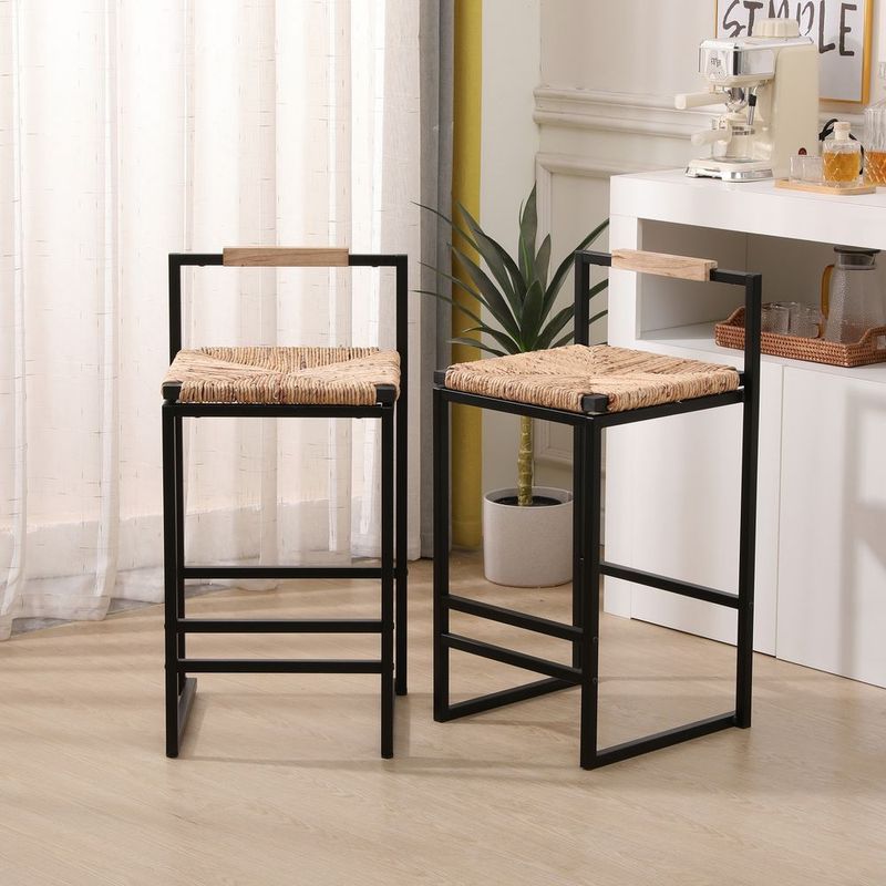 Set Of 2 Water Hyacinth Woven Bar Stools With Back Support Counter Height Dining Chairs For Kitchen, Home, Office (Water Hyacinth With Back)_voghion.com