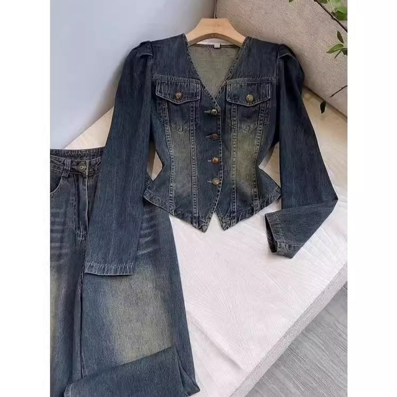 Damkläder Höstoutfit med en komplett uppsättning Internetkändis Street Blästring tvättad blå jeans Tvådelad kostymbyxor vår och höst_voghion.com