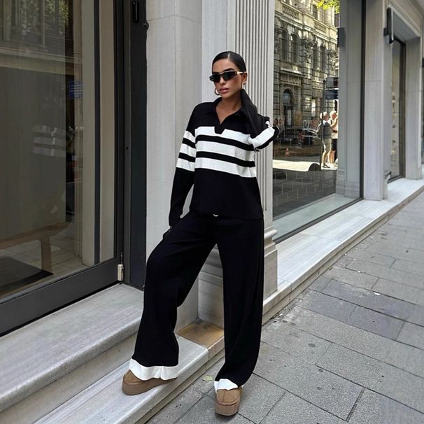Elegantes zweiteiliges Strickset – Gestreifte Hose mit weitem Bein und Oberteil für Damen, bequemes Freizeitoutfit für Herbst/Winter_voghion.com