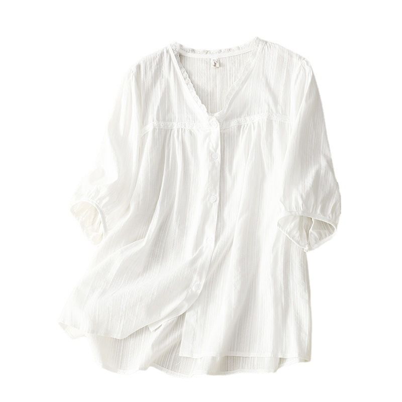 Women's fashion thin lace V-neck short-sleeved shirt_voghion.com