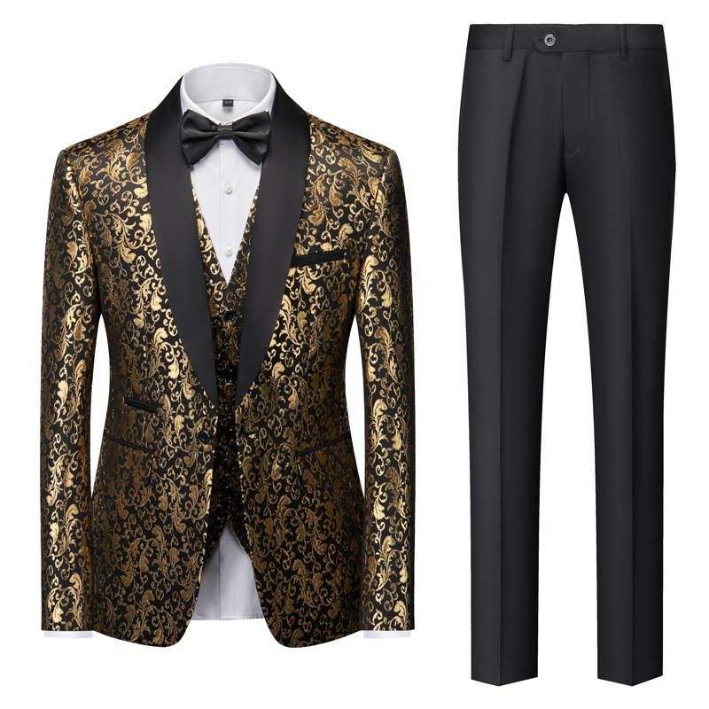 Conjunto de traje y vestido de novia con estampado dorado para hombre_voghion.com