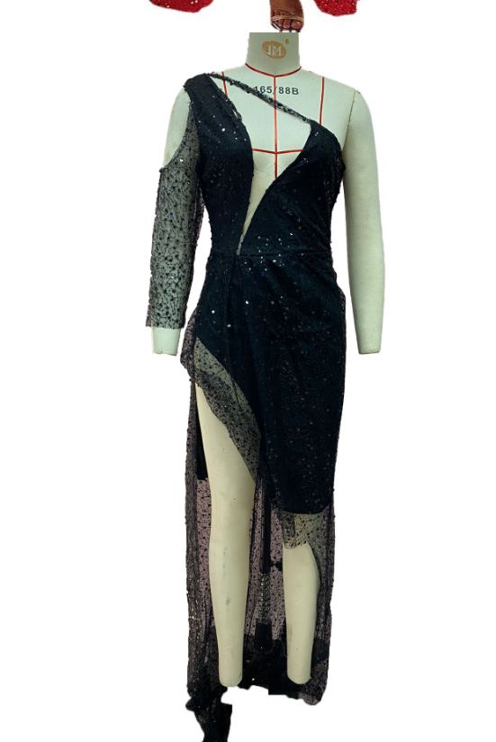 Women's Clothing women's dreamy socialite party party quality sexy high slit long sleeved sequined banquet evening dress_voghion.com