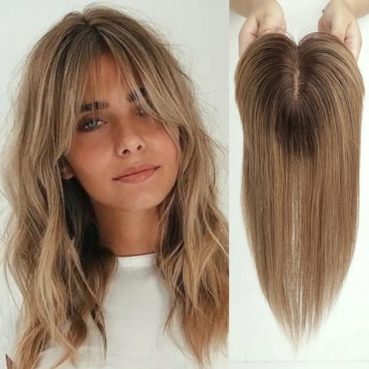 Extensions de cheveux humains Remy brun ombré avec frange, pièces à clips en soie pour femmes, extension de cheveux raides_voghion.com