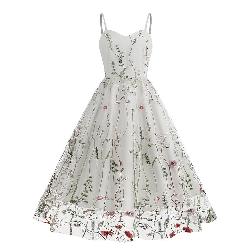 Damen Sling Stickerei Mesh Spleißen heißes Retro Kleid_voghion.com