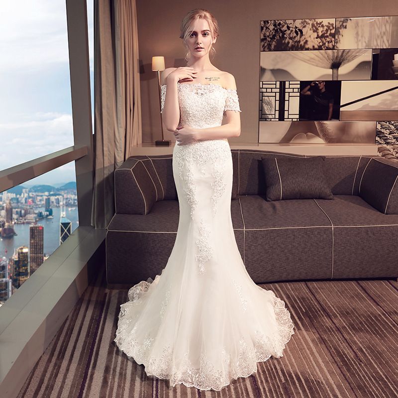 Women's dress fishtail wedding dress with thin train one shoulder wedding dress_voghion.com