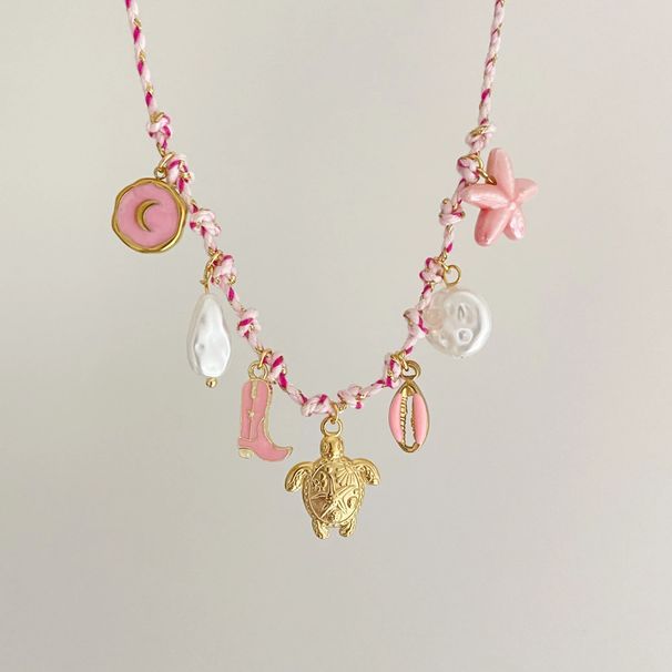 Collana con ciondolo a forma di cuore con perla e stella marina in stile marino, da donna, con corda di dopamina colorata_voghion.com