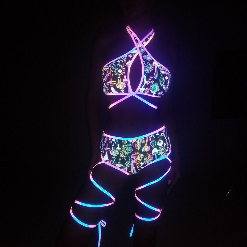 Printed Colorful Reflective Bikini Three-Piece Set For Women With Detachable Cross Straps Sexy Swimwear_voghion.com