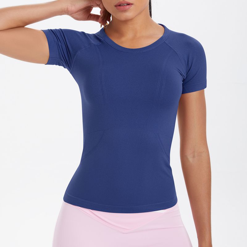Seamless Knitted Solid Color Breathable Tight Short Sleeve T-shirt For Sports, Running, Fitness, Yoga, Women's Top_voghion.com