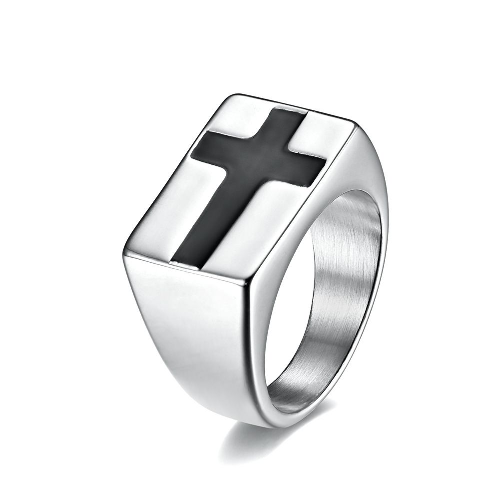 Anillo exagerado de acero de titanio con cruz chapada en oro, estilo hip hop, accesorios de moda, joyería de mano_voghion.com