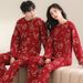2024 New Pajamas Couple Wedding Set Spring Autumn Pure Cotton Long Sleeve Red Home Clothes Men and Women Round Neck_voghion.com
