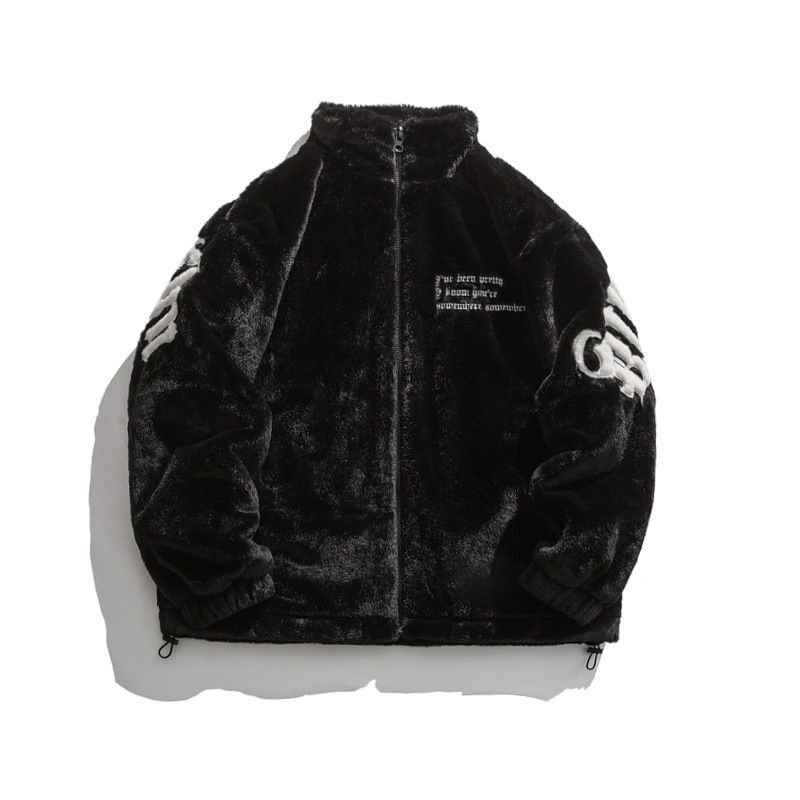 [Hot] American Winter Street Letter Embroidery Plush Stand Up Collar Men's Trendy Brand Loose BF Casual Warm Cotton Jacket_voghion.com
