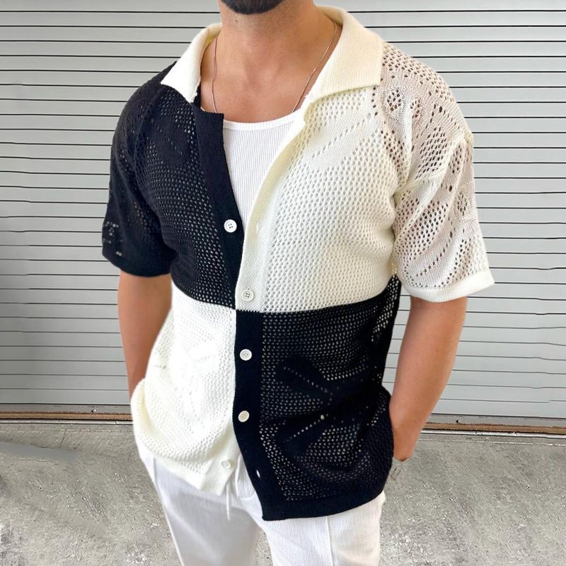 Herrenbekleidung Colorblock Hollow Knit Sweater Sommerrevers Kurzarm Cardigan Dünn Sommer Muscle Große Größe Herrenbekleidung_voghion.com