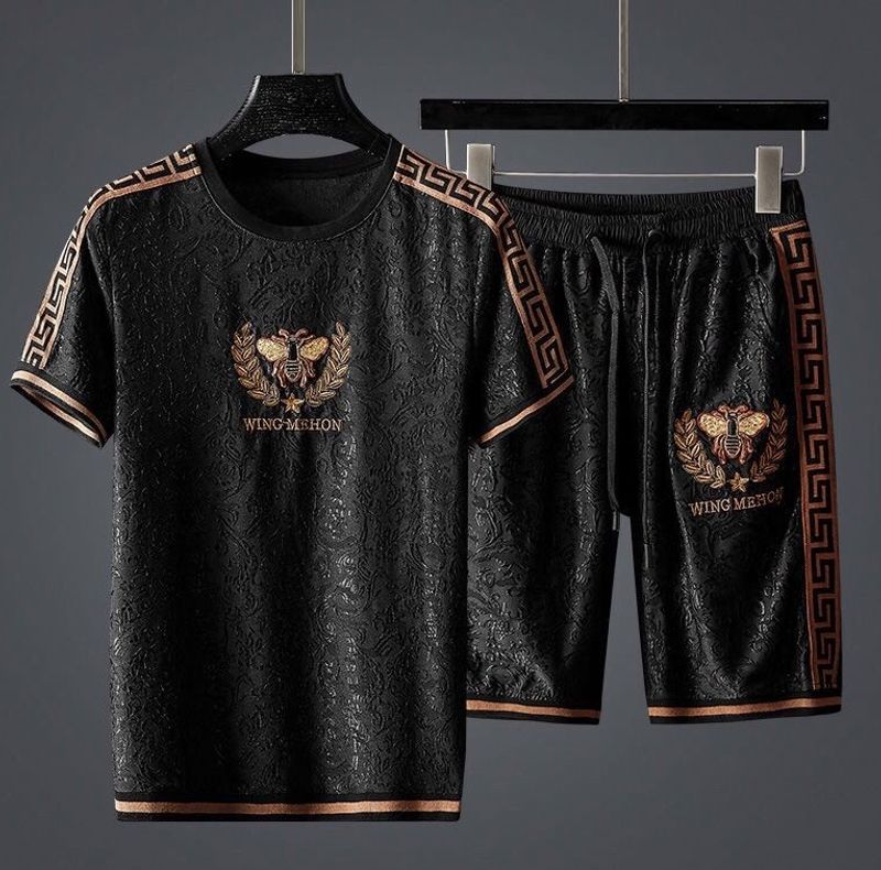 Dark jacquard embroidery patchwork leisure suit men's summer loose plus size personality with men's two-piece set 2024_voghion.com