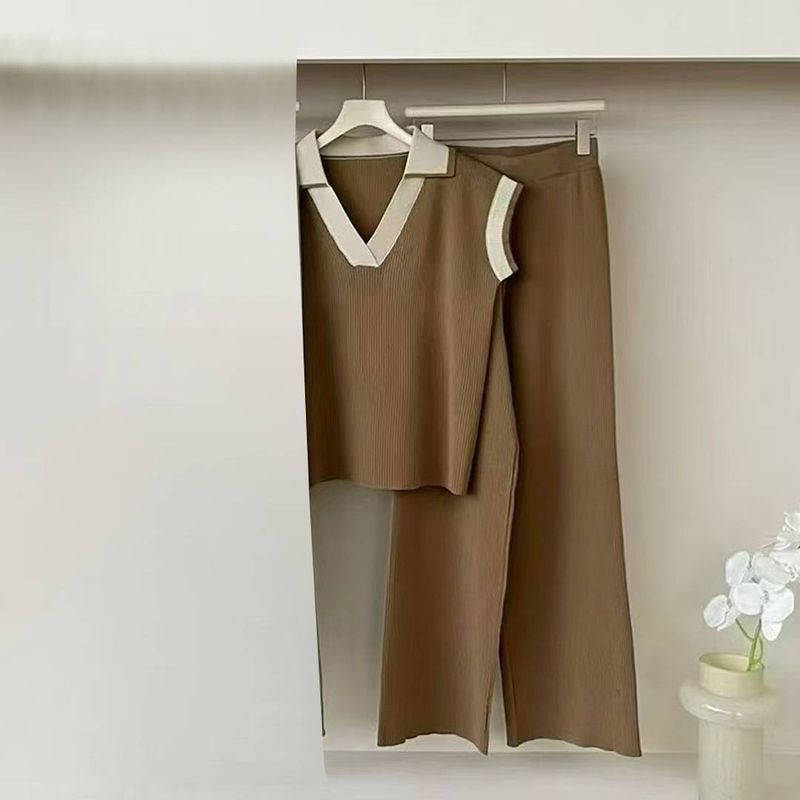 Women's Clothing New Spring Knitted Sleeveless Pullover Top V Neck Wide Leg Pants Two Piece Suit Foreign Trade Style Simple Splicing Suit_voghion.com