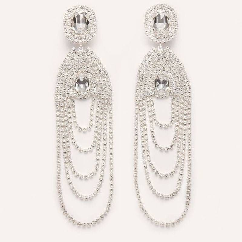 Long Tassel Ear Clips Trendy Rhinestone Earrings High-end Accessories Earrings_voghion.com