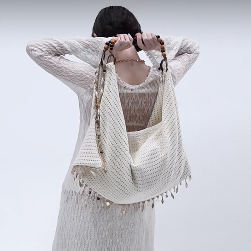 Borsa a tracolla con perline e nappa a conchiglia, casual, di grande capacità, da donna, con design di nicchia_voghion.com