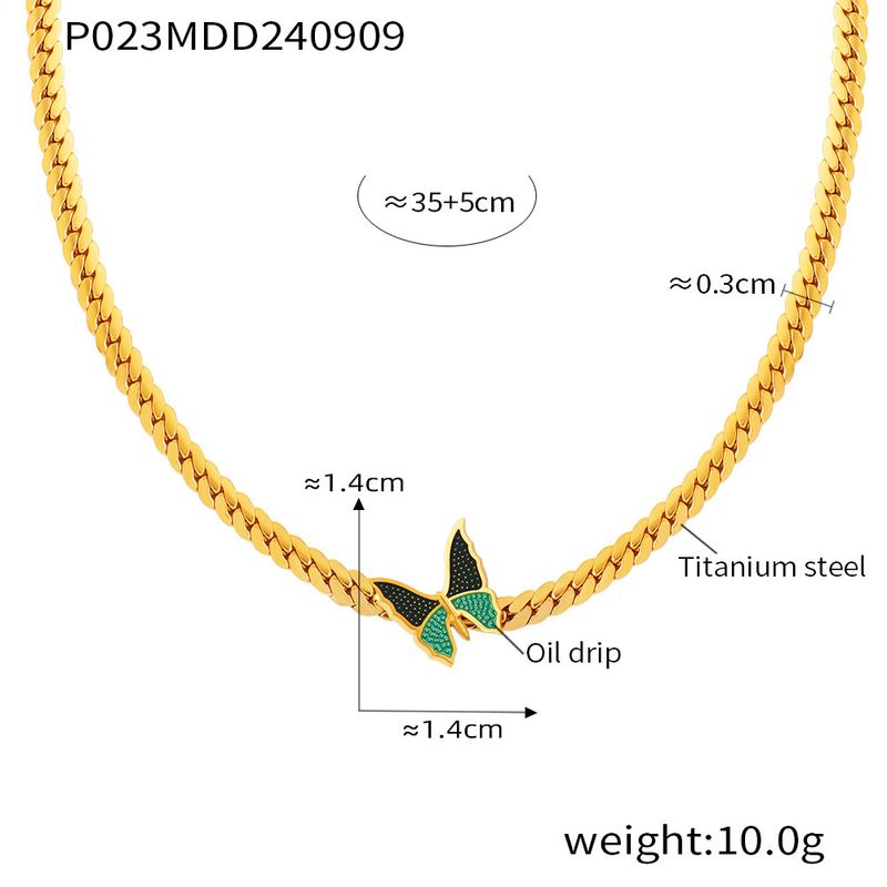 Collier cubain en acier titane et papillon vert, goutte d'huile, pour femme, ras du cou élégant et créatif, résistant à la lumière_voghion.com