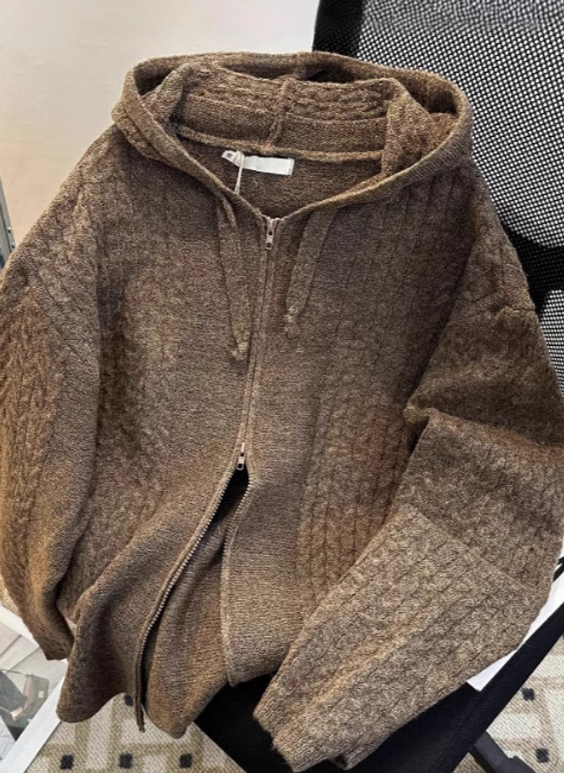 Cardigan casual hooded sweater men's winter new trend loose Fried Dough Twists zipper cardigan hooded sweater coat_voghion.com