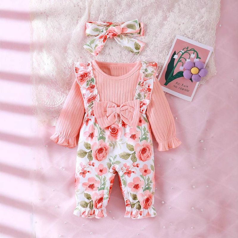Kids’ Clothing Baby Girl Long Sleeved Solid Color Flower Print Long Legged Romper_voghion.com