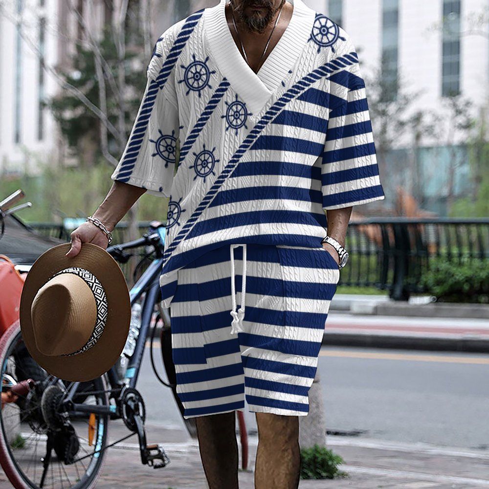 Completo da uomo in maglia oversize con maniche corte e pantaloncini, stile americano, blu navy, stampato, 2024_voghion.com