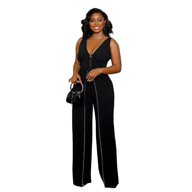 Damenbekleidung V-Ausschnitt ärmelloser Overall Temperament Spleißen Persönlichkeit Design gerade Hose_voghion.com