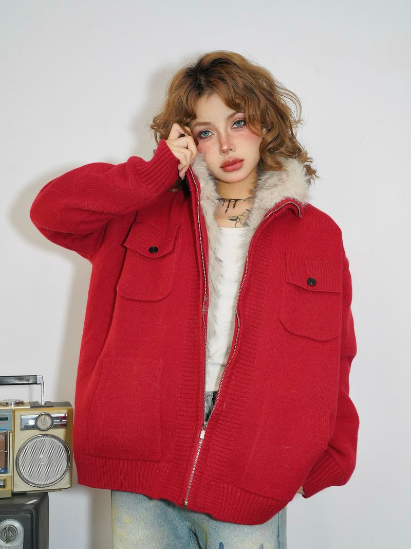 BANGU Nationaler Trend Amerikanischer Stil Nerzkragen Bergadler Pullover Unisex Dicker Strickcardigan_voghion.com