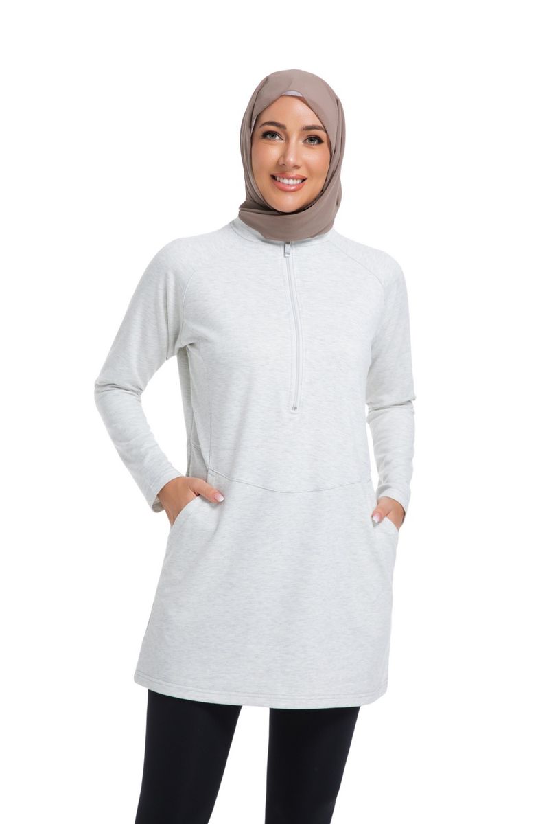 Bescheidener muslimischer Damen-Kapuzenpullover mit Reißverschluss – Locker sitzender Langarmpullover mit ethnischer Stickerei, atmungsaktiver Nylonmischung, lässig und sportlich (Weiß_voghion.com